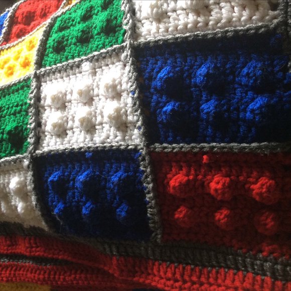 Set of 2 colorful crocheted Afghans 3 x 6 ft handmade Lego granny squares Twins - Picture 3 of 7